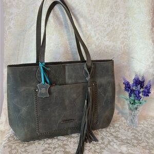 Montana West Olive Green Distressed Leather Tote with Tassel NWT